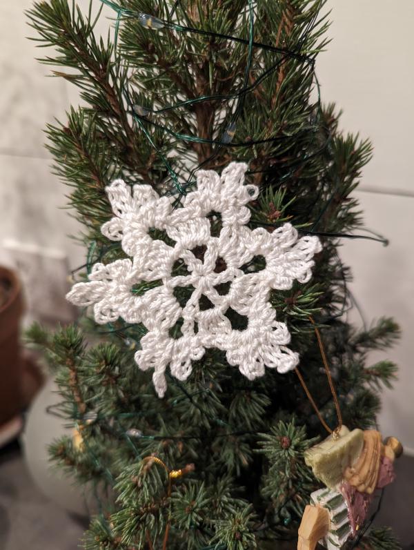 A crochet snowflake on a small christmas tree.